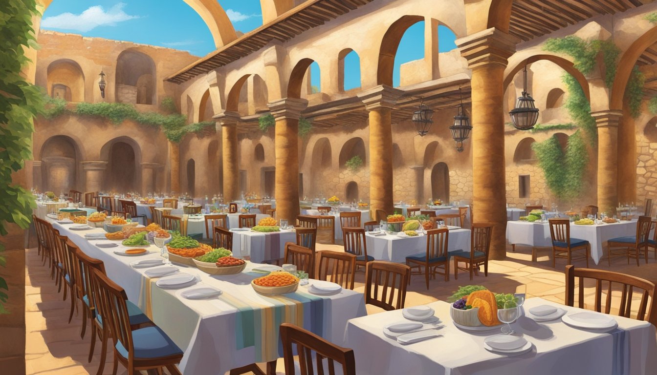 A grand dining hall filled with elegant tables and chairs, adorned with colorful tablecloths and surrounded by the ancient stone walls of Mexico's colonial fortresses. The aroma of sizzling tacos fills the air