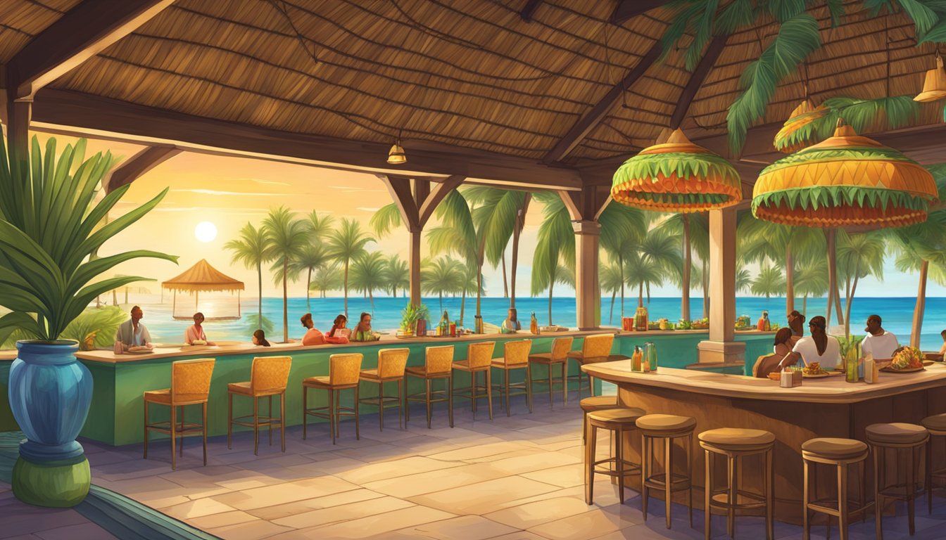 Lush palm trees frame a poolside taco bar at a luxurious Florida resort, where guests savor the best tacos amid a vibrant, tropical ambiance