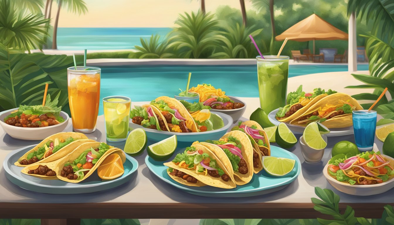 A table set with a variety of tacos and corresponding beverages, surrounded by lush greenery and a pool at a luxury Florida resort