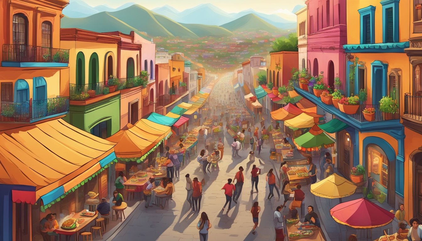 A bustling Mexican fiesta town with colorful buildings, lively music, and mouthwatering taco stands lining the streets