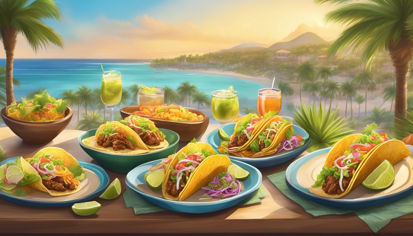 A table adorned with gourmet tacos, surrounded by palm trees and a luxurious resort backdrop