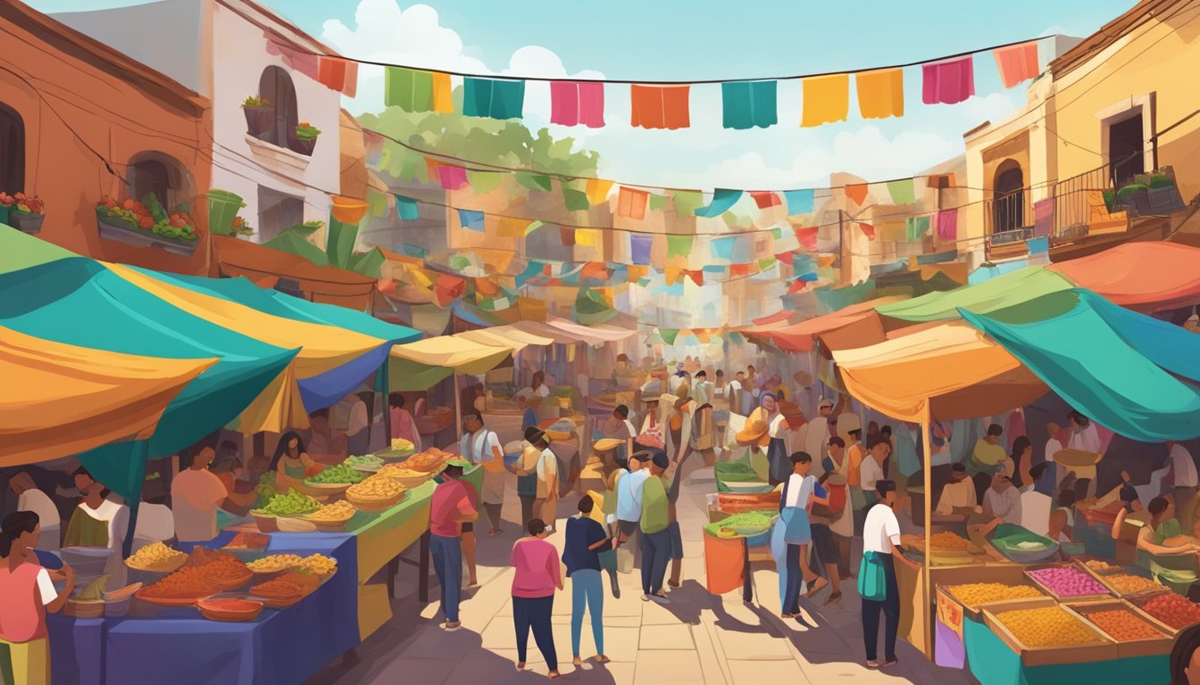 A bustling street market in a Mexican fiesta town, with colorful banners and lively music, surrounded by vendors selling an array of mouthwatering tacos