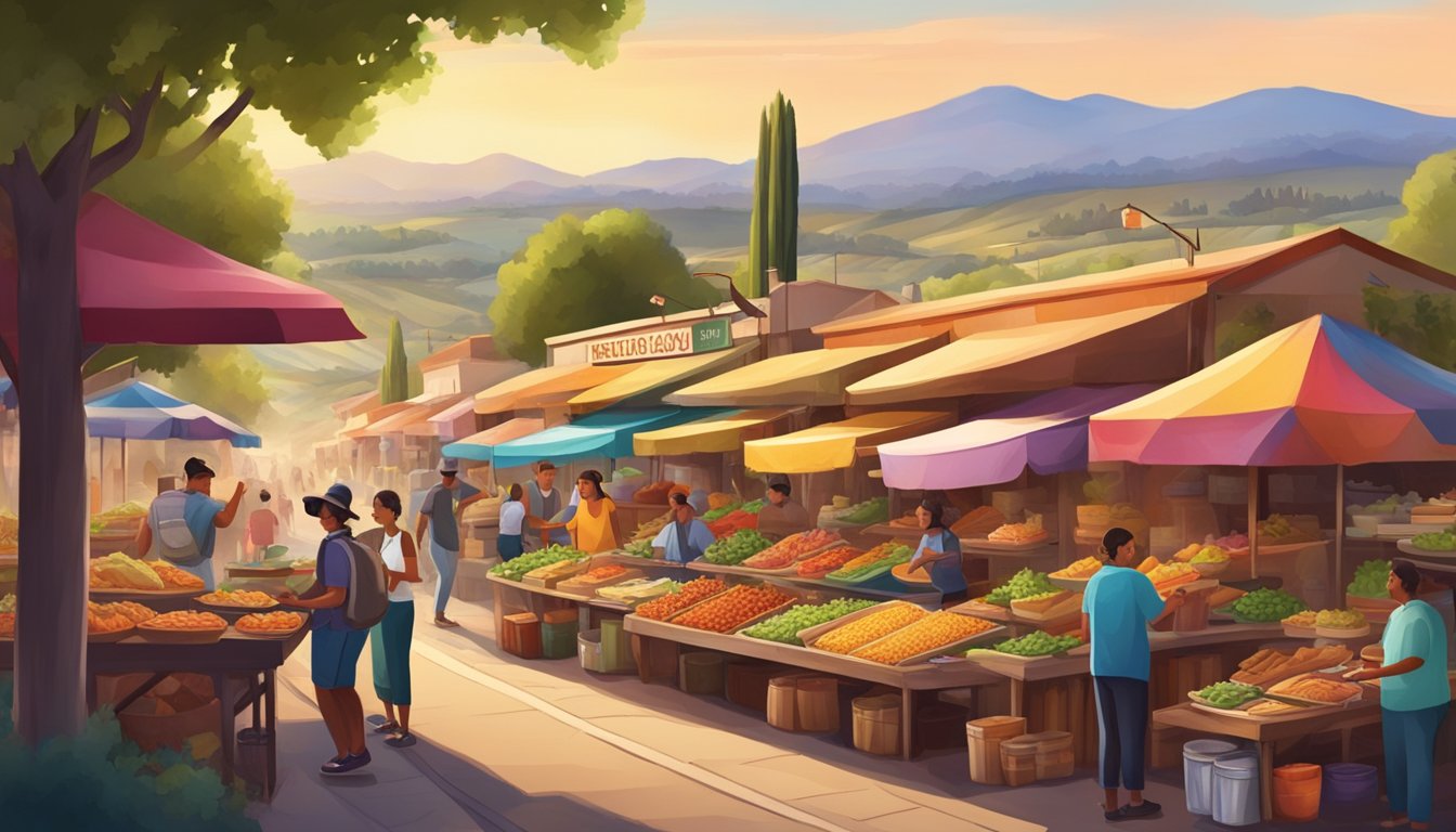 A colorful street market with vendors selling tacos and fresh ingredients, surrounded by rolling hills and vineyards in California's valley regions