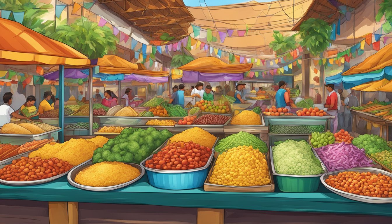 Colorful market stalls display fresh ingredients and toppings for traditional tacos in Mexico's vibrant fiesta towns