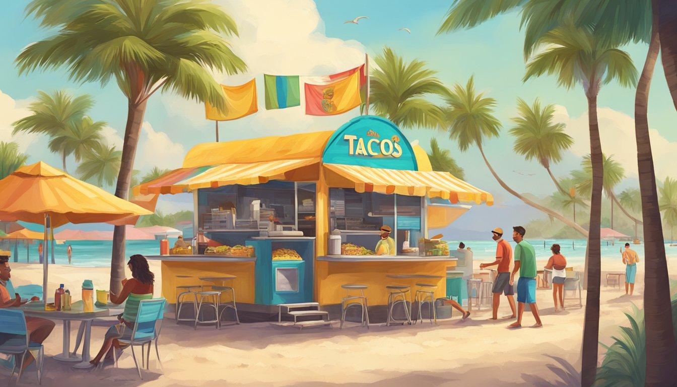 A colorful beach town scene with a small taco stand surrounded by palm trees and beachgoers enjoying the best tacos in Florida