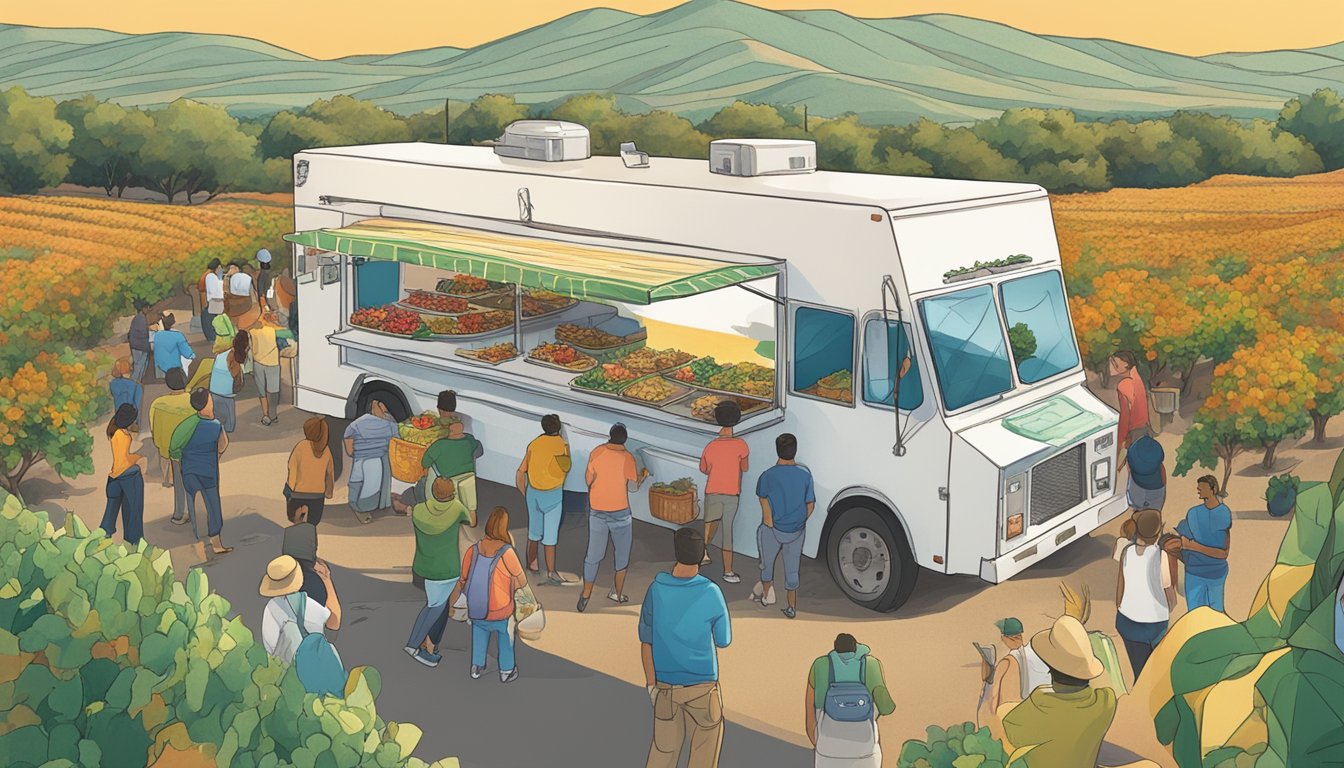 A bustling taco truck surrounded by rolling hills and fruit orchards in the San Joaquin Valley, with a line of customers eagerly waiting for their fusion tacos