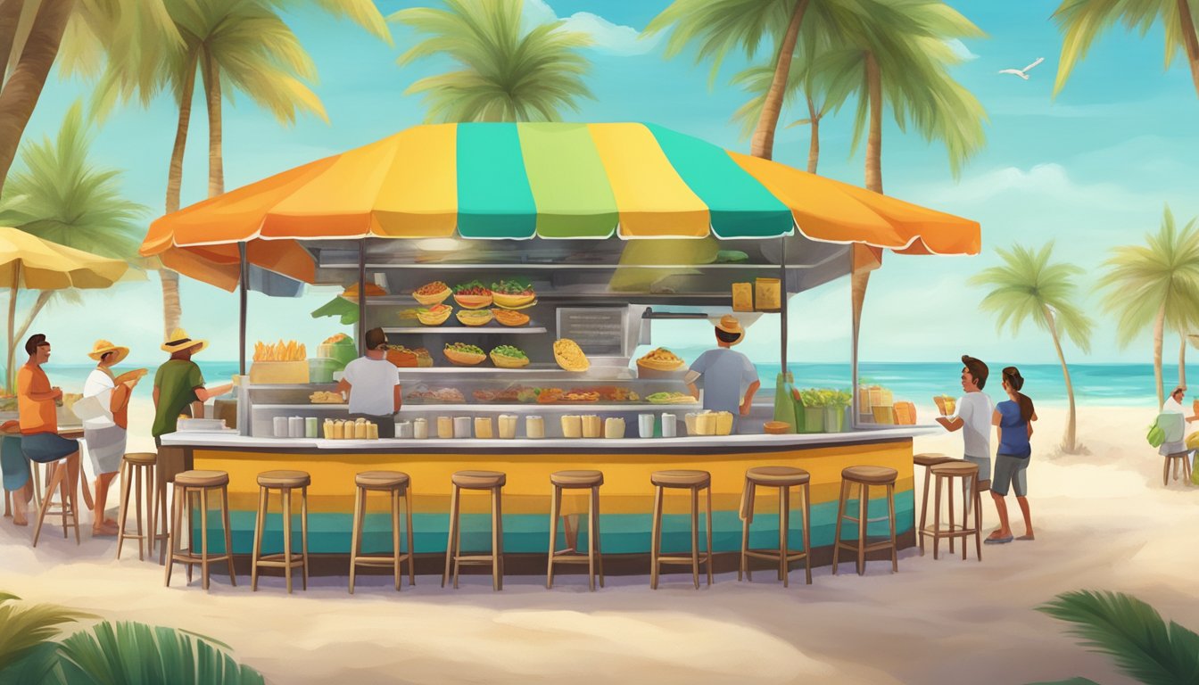 A colorful beachside taco stand with a variety of tacos, surrounded by palm trees and happy customers