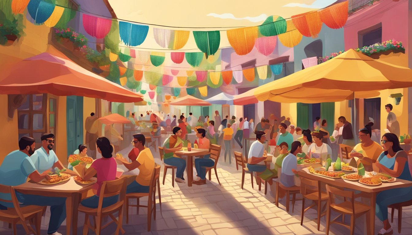 A festive outdoor dining scene with colorful decorations, people enjoying tacos at tables, and a lively atmosphere in a Mexican fiesta town