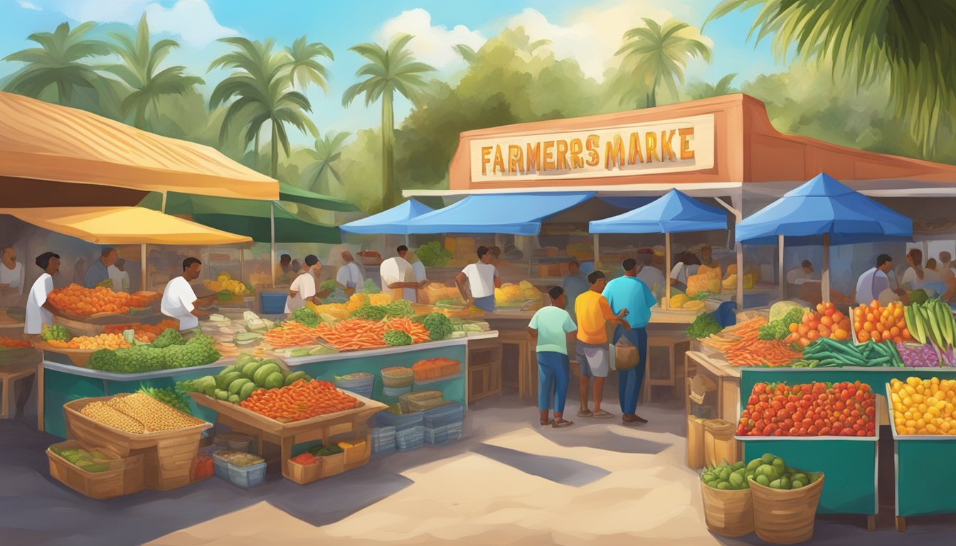 A vibrant farmers market with fresh seafood, colorful peppers, and tropical fruits, all surrounding a local taco stand