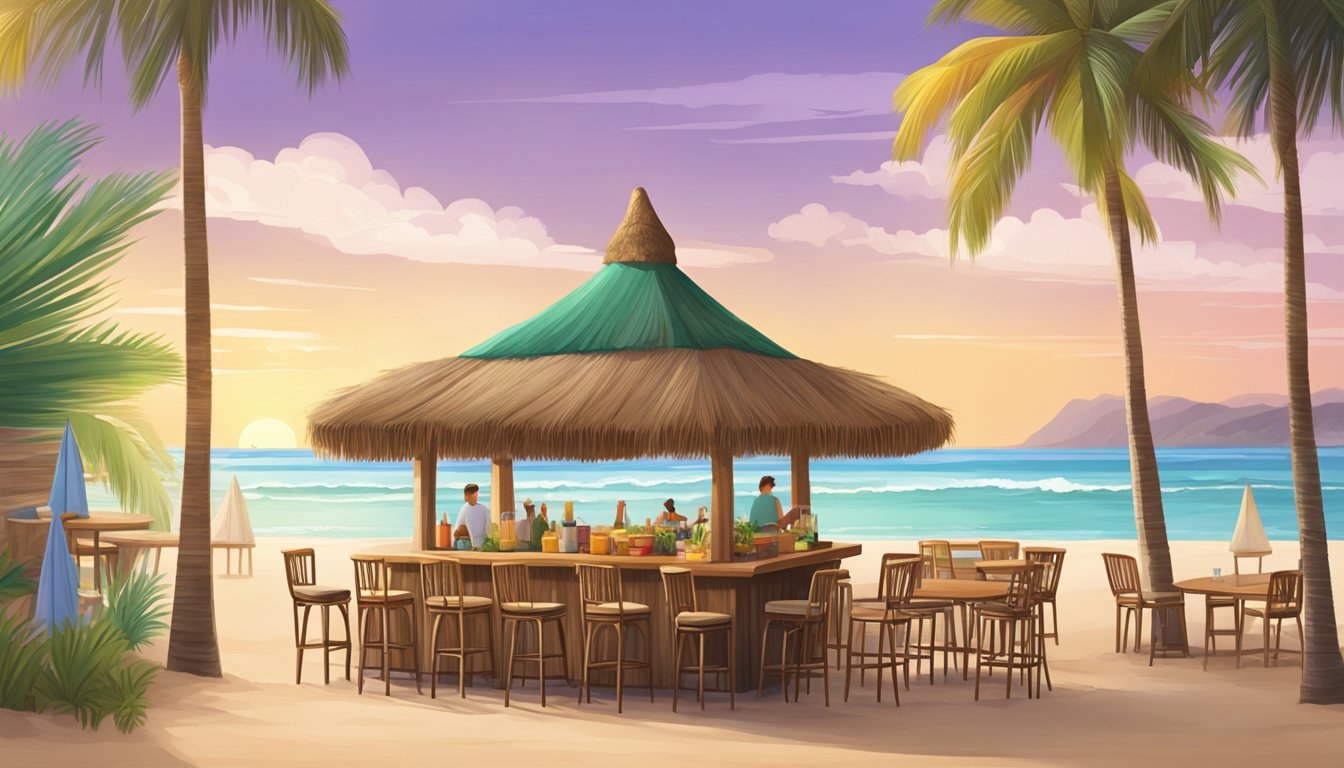 A colorful beachside taco stand with a thatched roof, palm trees, and a view of the ocean. Tables and chairs are set up for outdoor dining