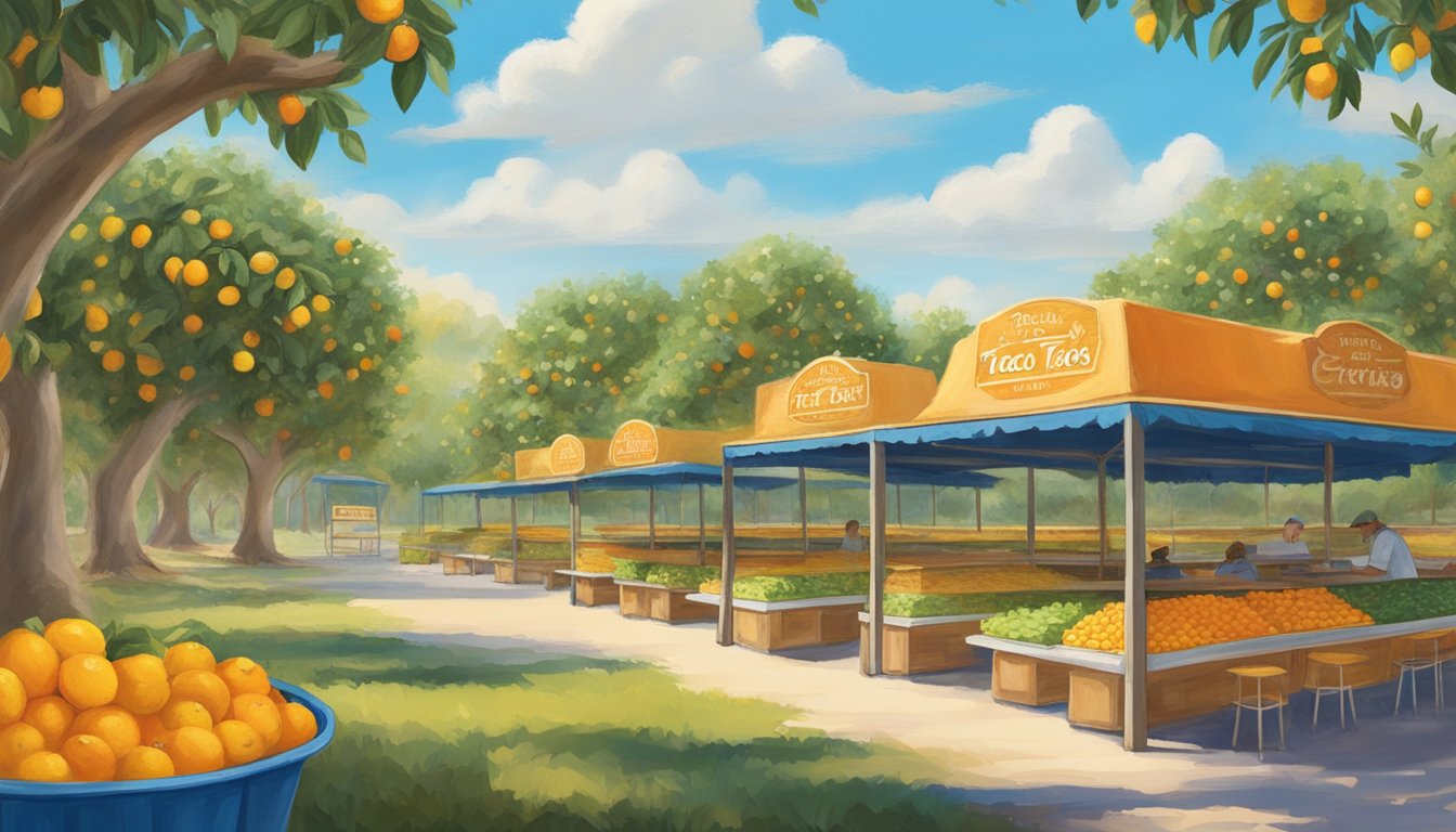 A vibrant citrus grove with rows of orange and lemon trees, under a bright blue sky. A small taco stand is nestled among the trees, with a sign boasting "The Best Tacos in Florida's Citrus Belt."