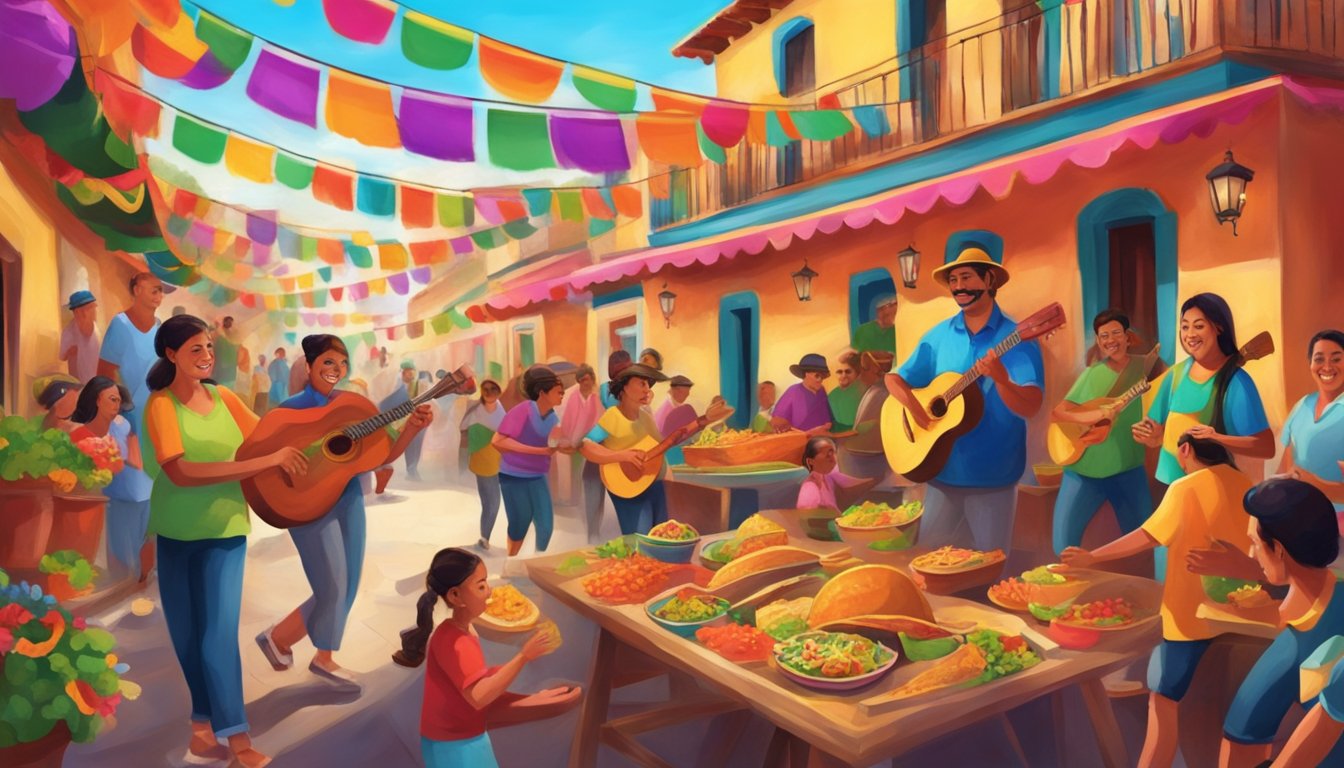 Vibrant fiesta scene with colorful decorations, lively music, and people enjoying traditional tacos in Mexico's fiesta towns