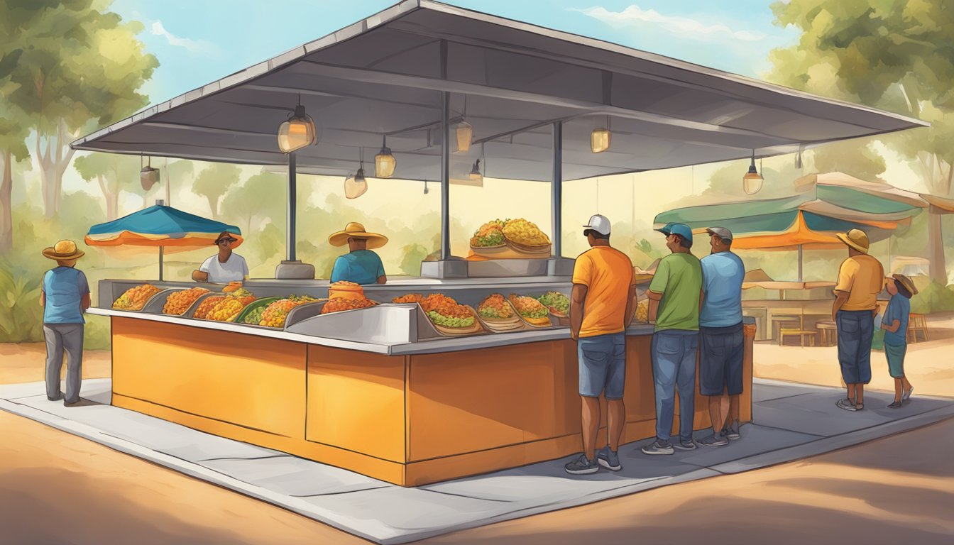 A colorful taco stand surrounded by orange groves in Florida's Citrus Belt. Customers line up for the best tacos in the area