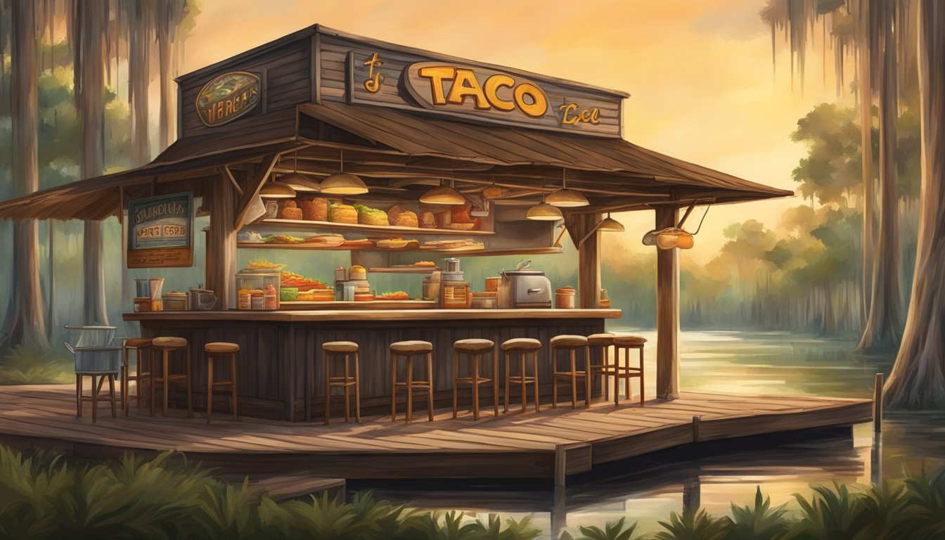 A rustic taco stand nestled among cypress trees in the heart of Florida's swamp country, with the aroma of sizzling meats and spices filling the air