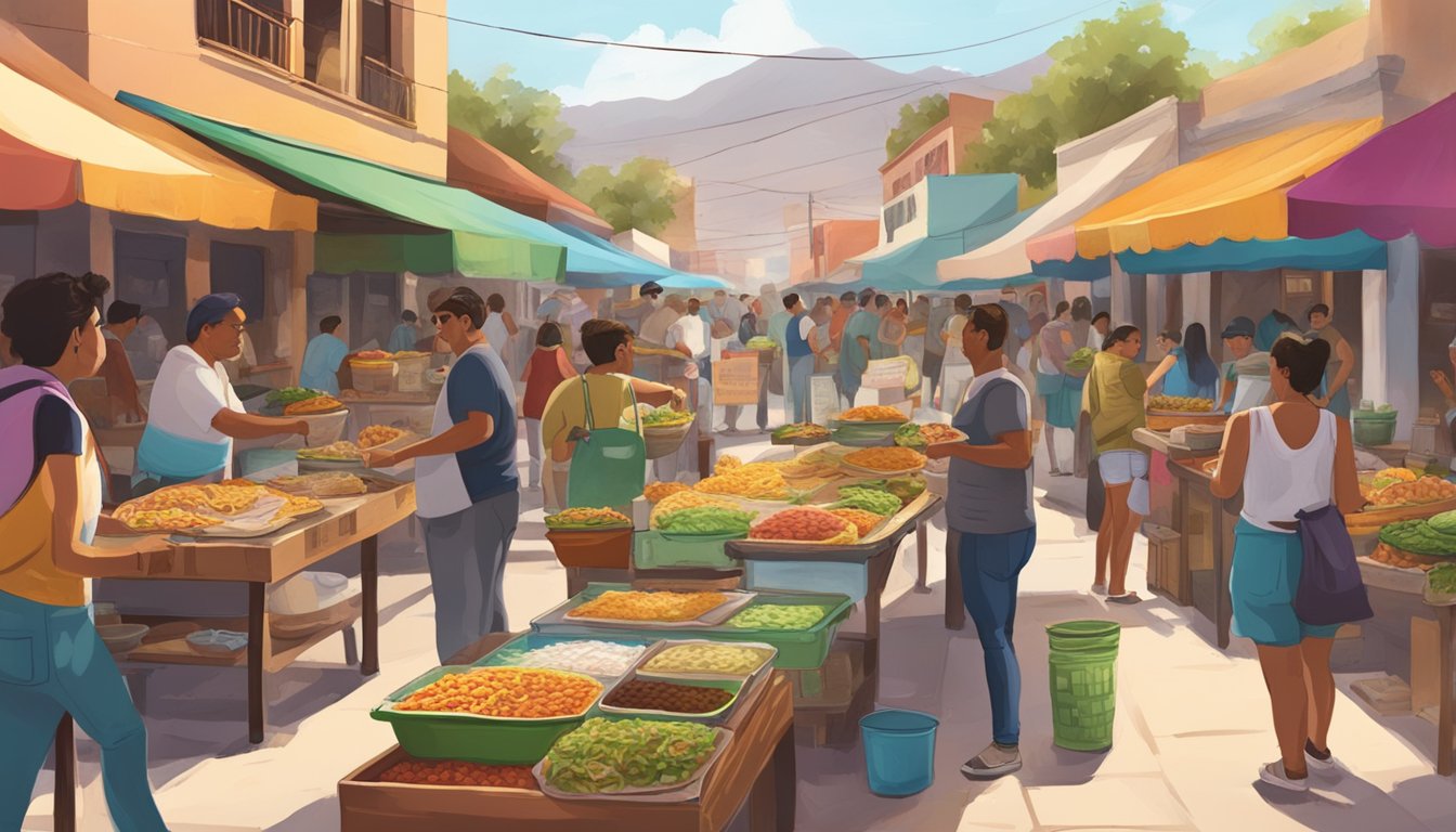 A bustling street market in a Mexican hot springs town, with colorful taco stands and locals enjoying the best tacos in the area