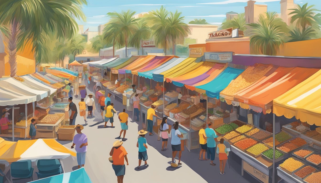 A bustling street market in the Citrus Belt, filled with colorful taco stands and vendors. The scent of sizzling meat and spices fills the air as locals and tourists alike sample the best tacos in Florida's citrus belt