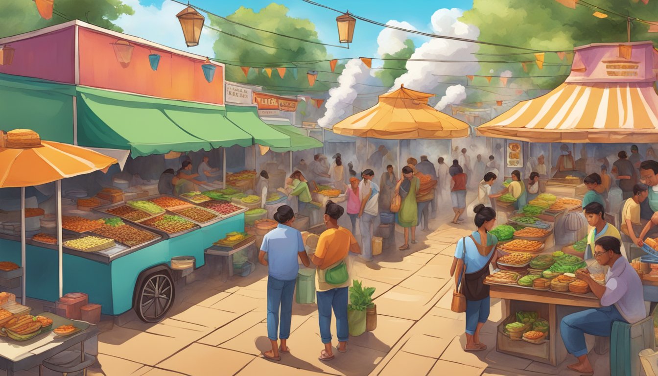 A bustling street market surrounded by lush, steamy hot springs, with colorful taco stands serving up sizzling, mouthwatering creations