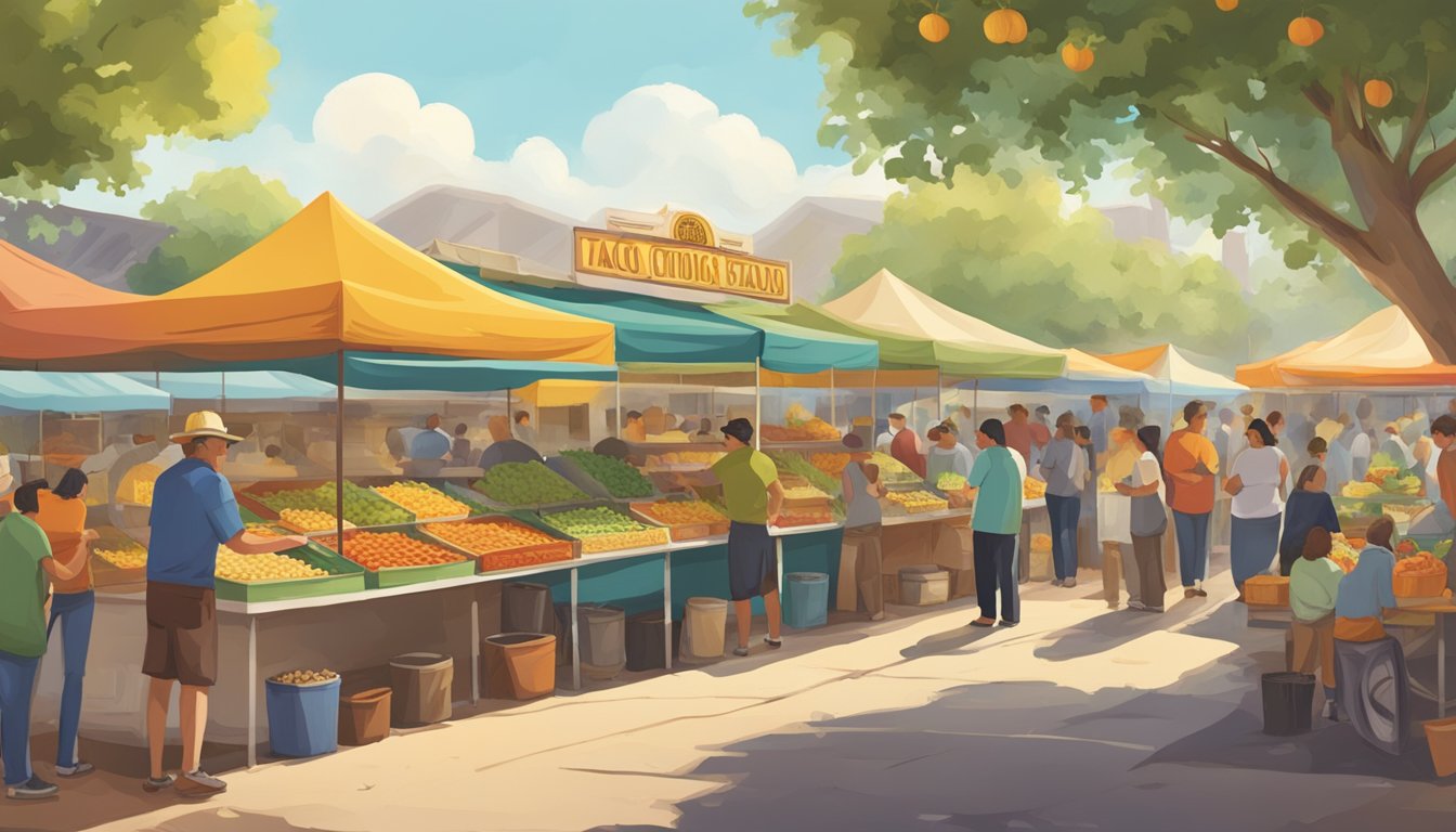 A bustling outdoor market with colorful taco stands and citrus trees in the background. Customers line up for their favorite tacos while vendors prepare delicious, sizzling fillings