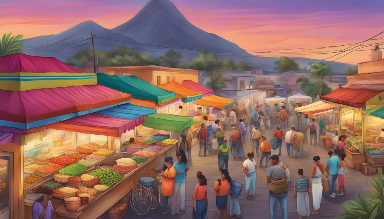 A bustling street market with colorful taco stands and vendors selling fresh, local ingredients in a vibrant Mexican hot springs town