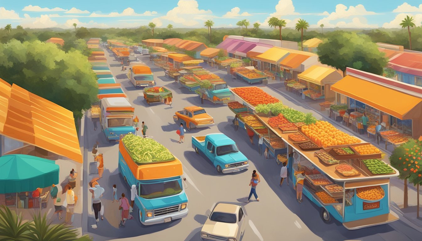 A bustling street lined with colorful taco stands, surrounded by orange groves in the Florida citrus belt. The aroma of sizzling meat and fresh salsa fills the air