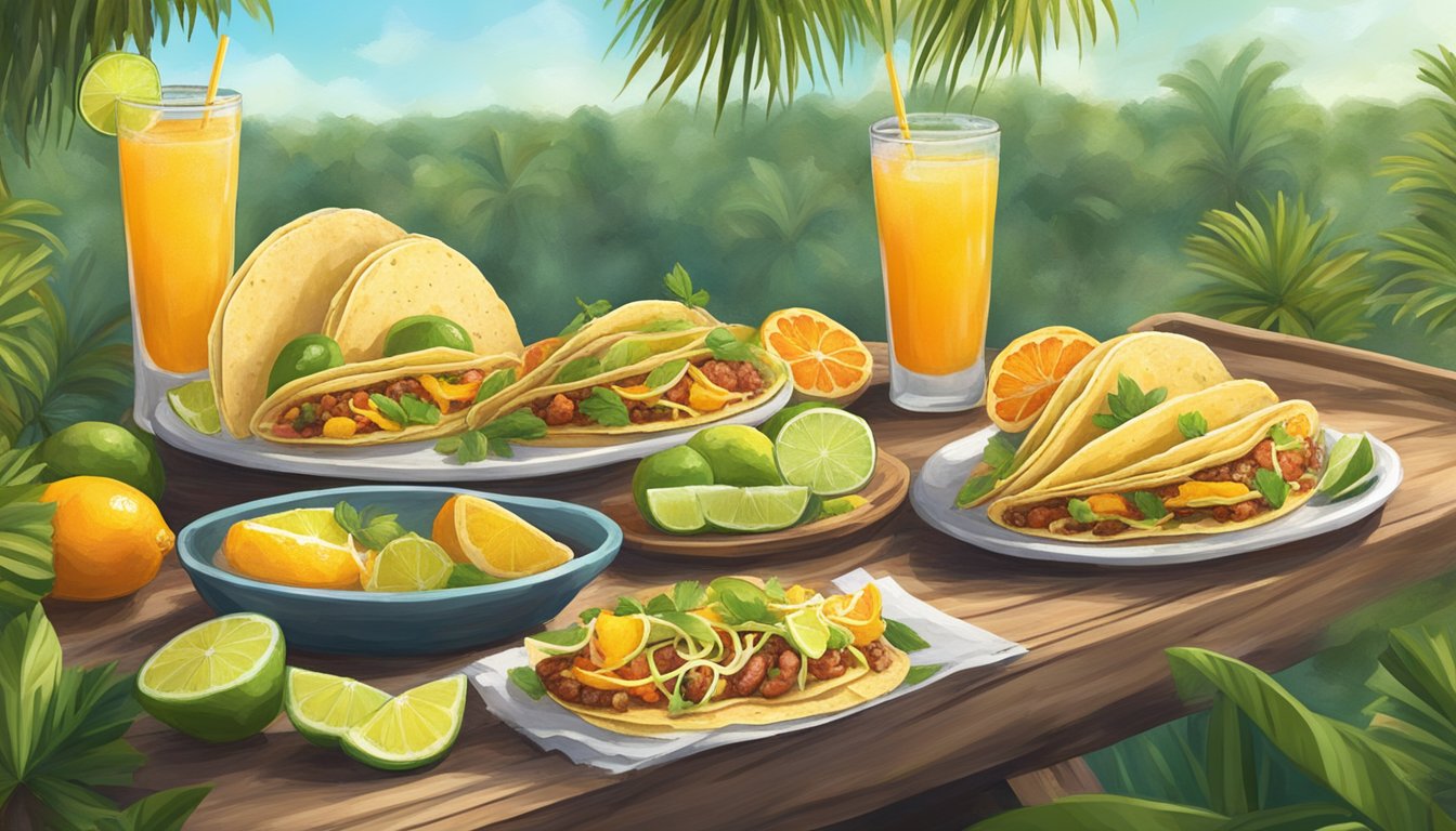 A rustic outdoor table with a variety of citrus-infused tacos and vibrant beverages, surrounded by lush Florida citrus trees