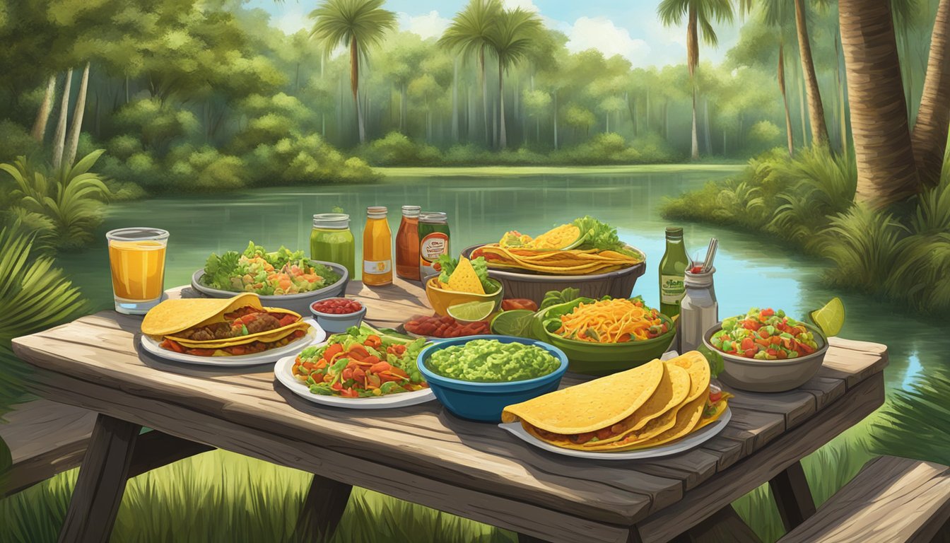 A rustic outdoor picnic table with a variety of tacos and side dishes set against a backdrop of lush greenery and cypress trees in Florida's swamp country