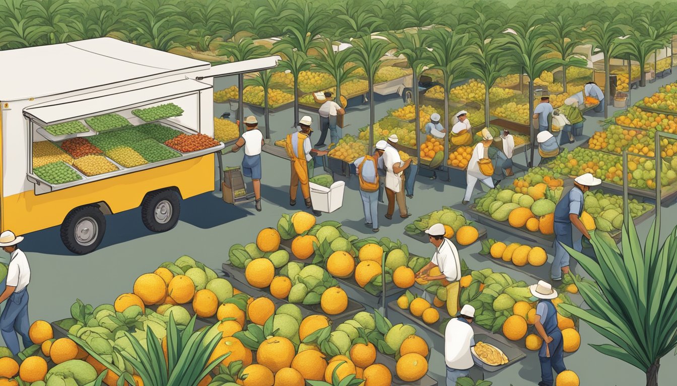 A bustling citrus farm with workers harvesting fruit, a taco truck parked nearby sourcing fresh ingredients for sustainable taco production