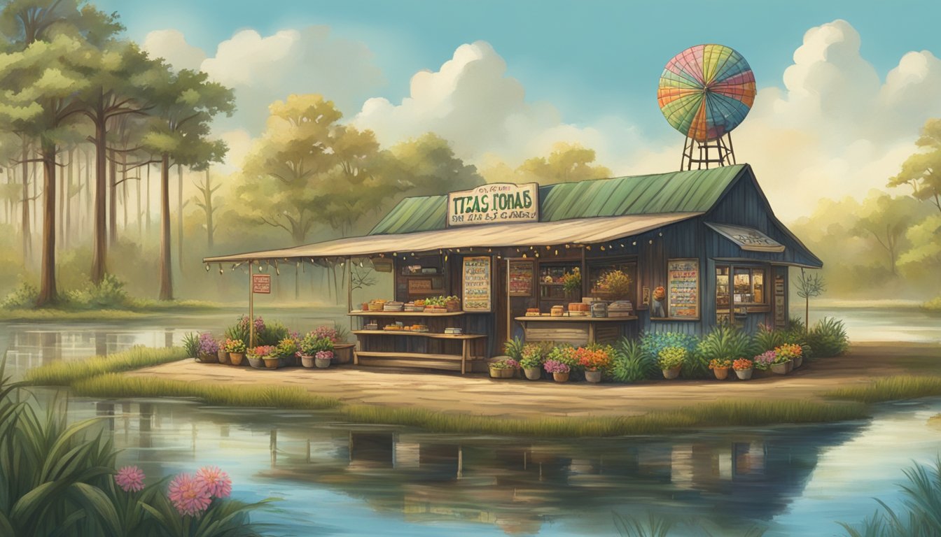 A rustic taco stand nestled in the Florida swamp, surrounded by towering cypress trees and colorful wildflowers. A sign advertises seasonal and special event taco offerings, drawing in hungry visitors