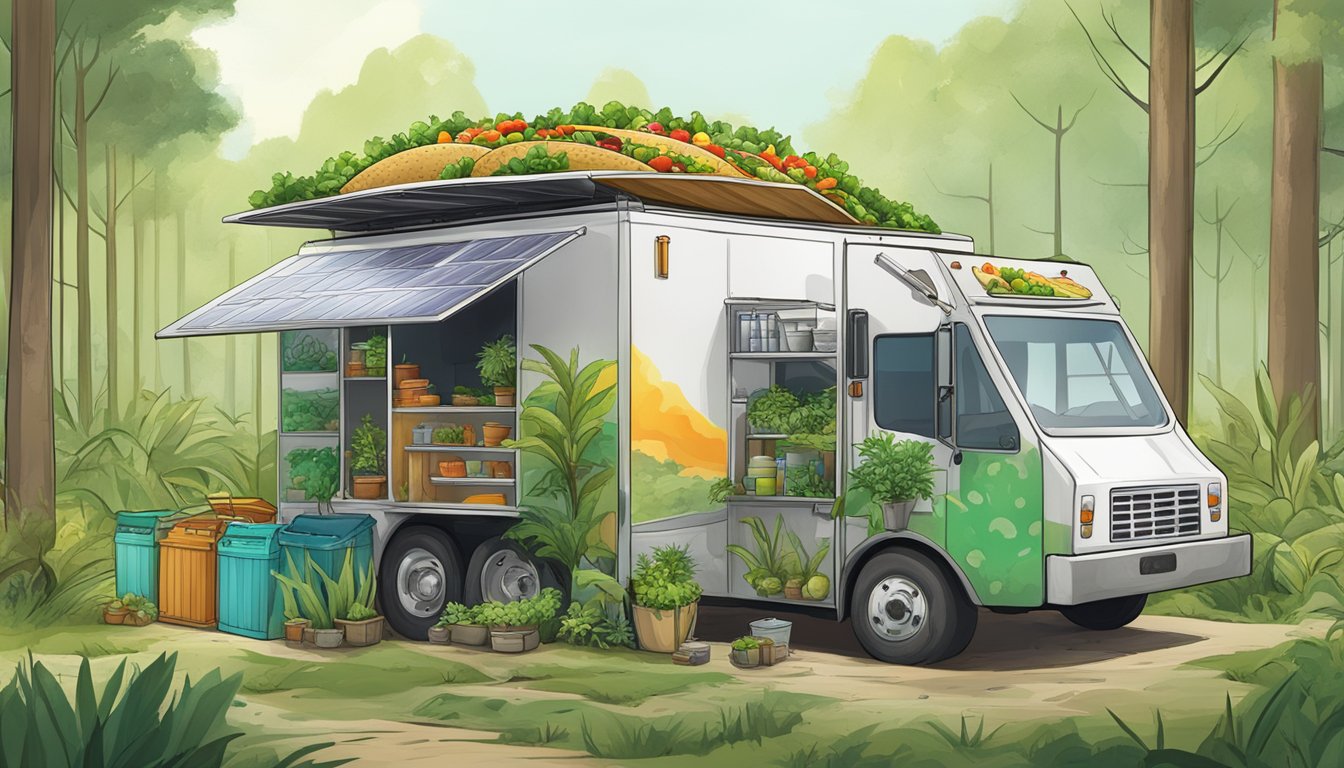 A taco truck surrounded by lush greenery in a swamp, with solar panels on the roof and compost bins for food waste