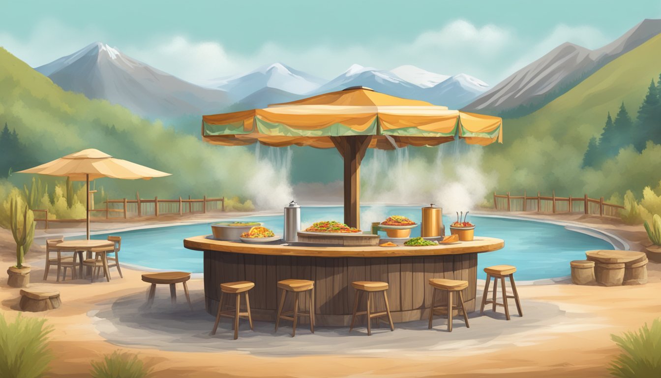 A rustic outdoor taco stand surrounded by bubbling hot springs, with steam rising and a mountainous backdrop