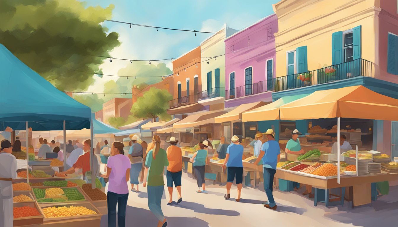 A bustling street market in a Florida town with Dutch heritage, where colorful food stalls serve up the best tacos in the area