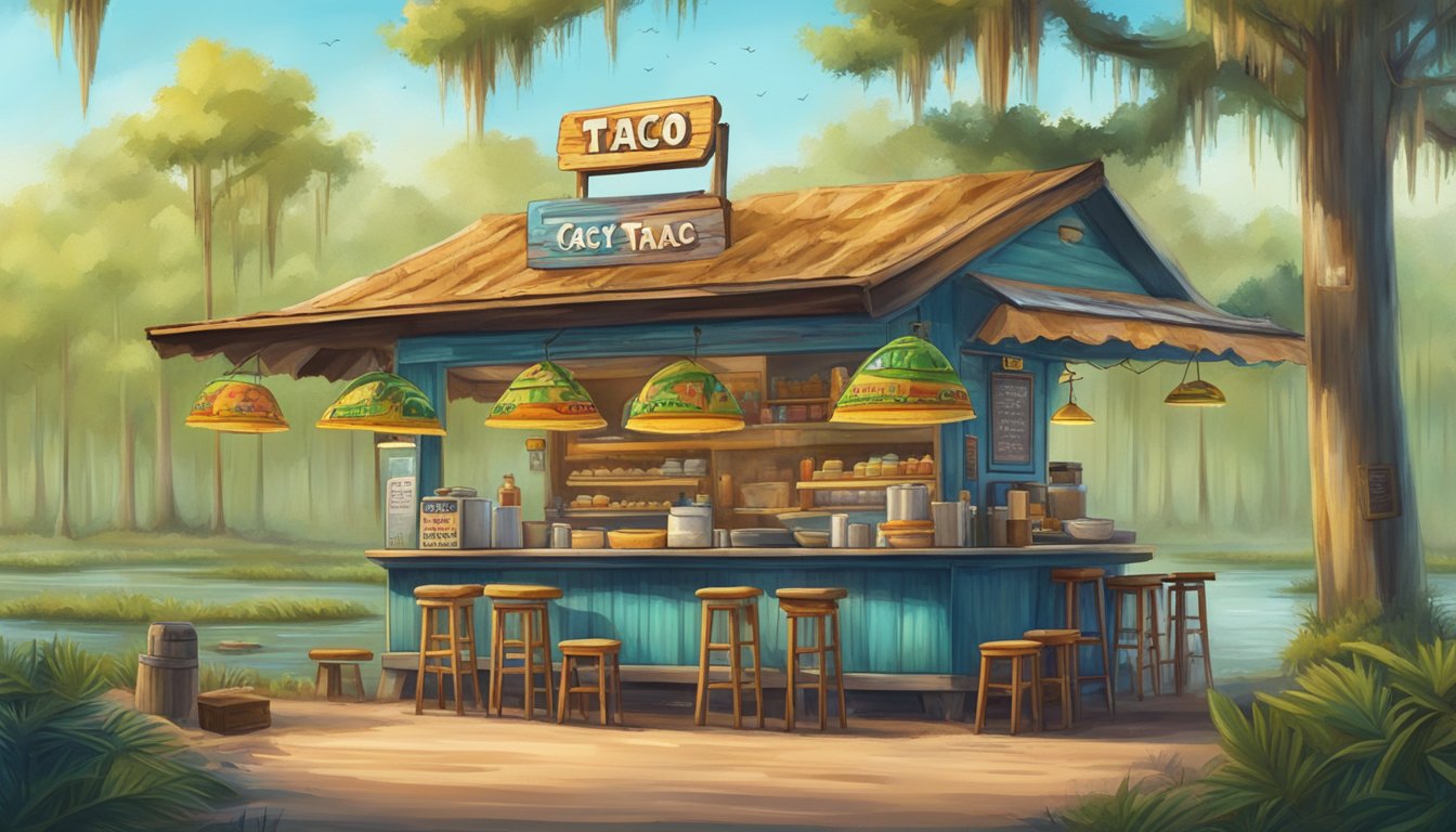 A cozy taco stand nestled among cypress trees in the Florida swamp, with a colorful sign and a line of hungry customers