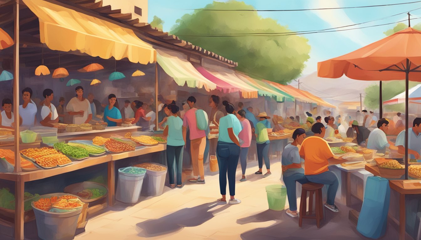 A bustling street market in a Mexican hot springs town, with colorful taco stands and locals enjoying the best tacos in the area