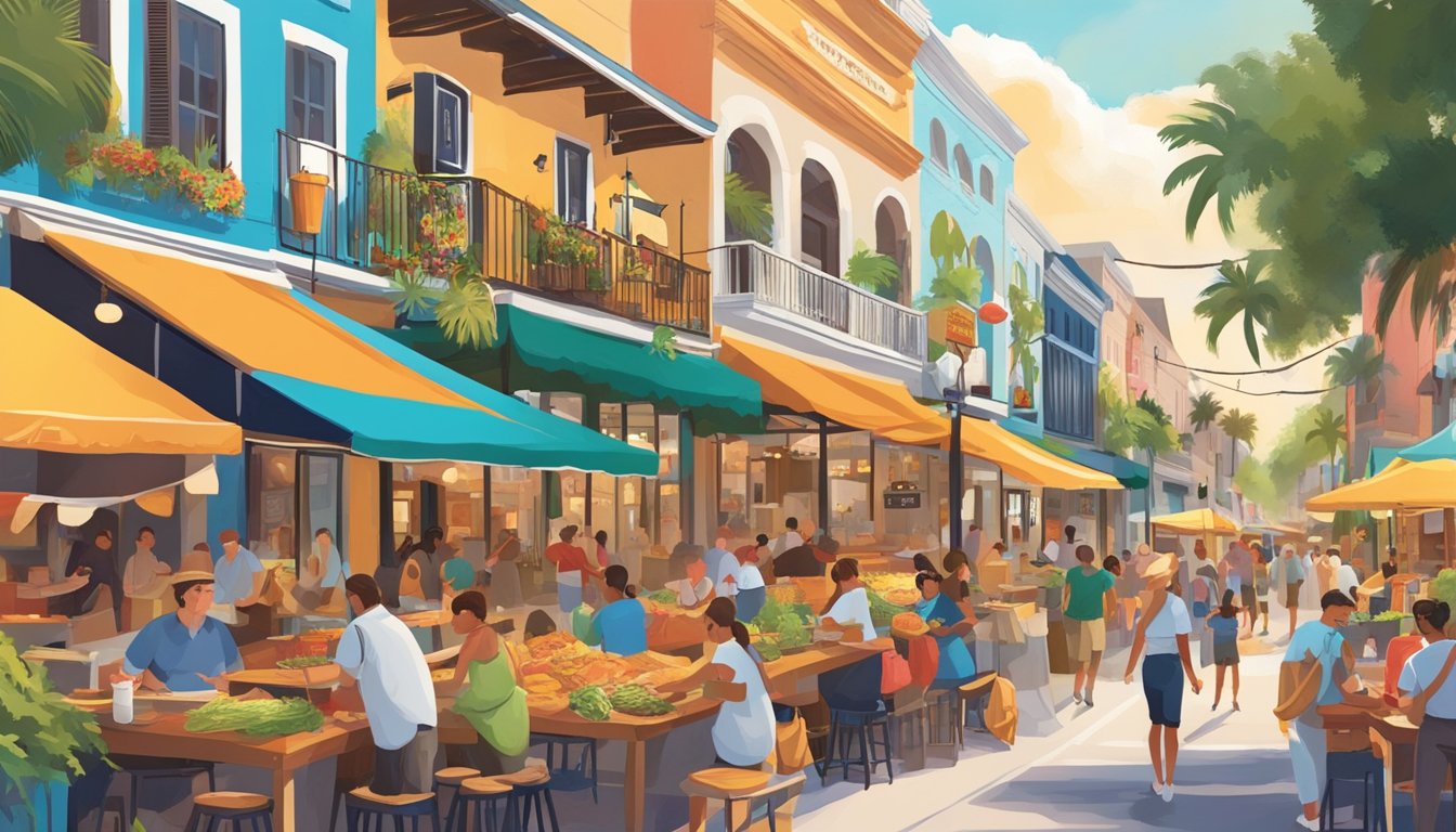 A bustling street filled with colorful food stalls and lively music, as locals and tourists alike savor the authentic flavors of Dutch-inspired tacos in Florida's heritage towns