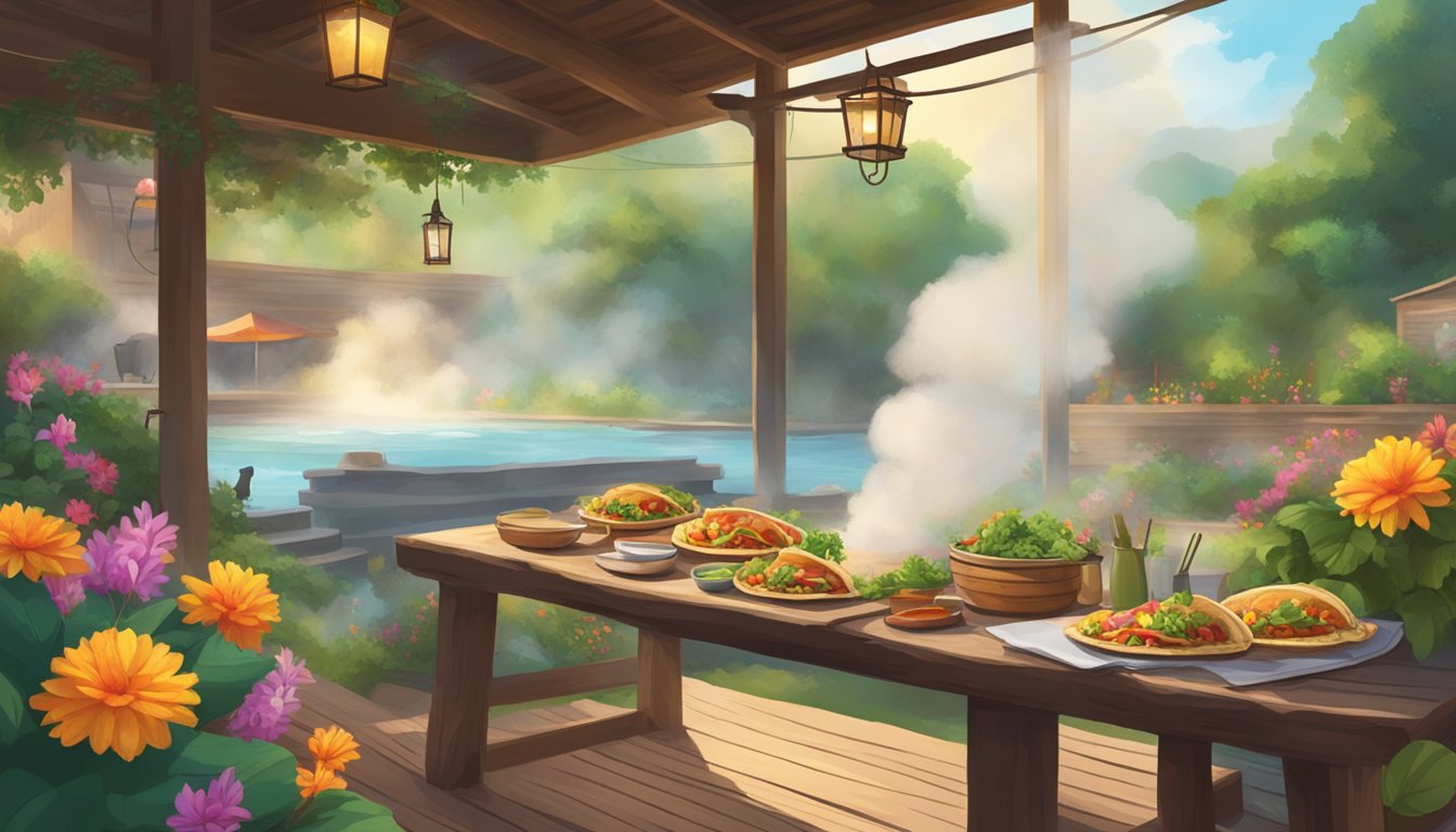 Steam rises from the natural hot springs as tacos are served on a rustic wooden table, surrounded by lush greenery and colorful flowers