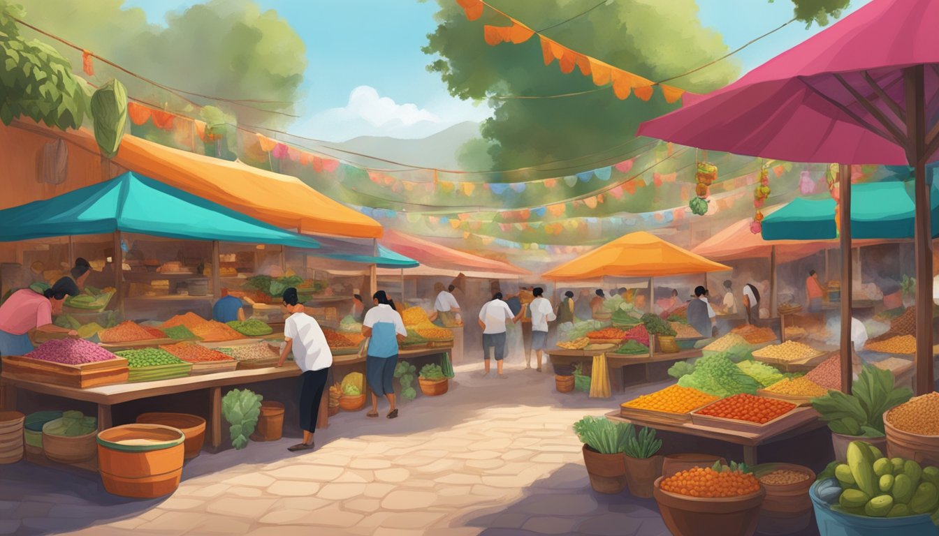 Vibrant market stalls surrounded by lush hot springs, showcasing traditional Mexican ingredients and sustainable culinary practices