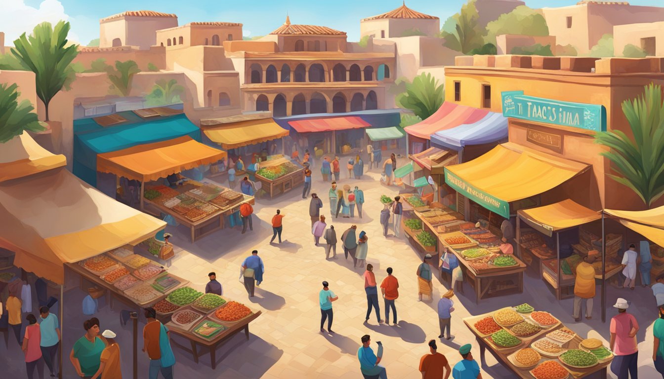 A bustling market square filled with colorful stalls selling freshly made tacos, surrounded by traditional adobe buildings and vibrant murals