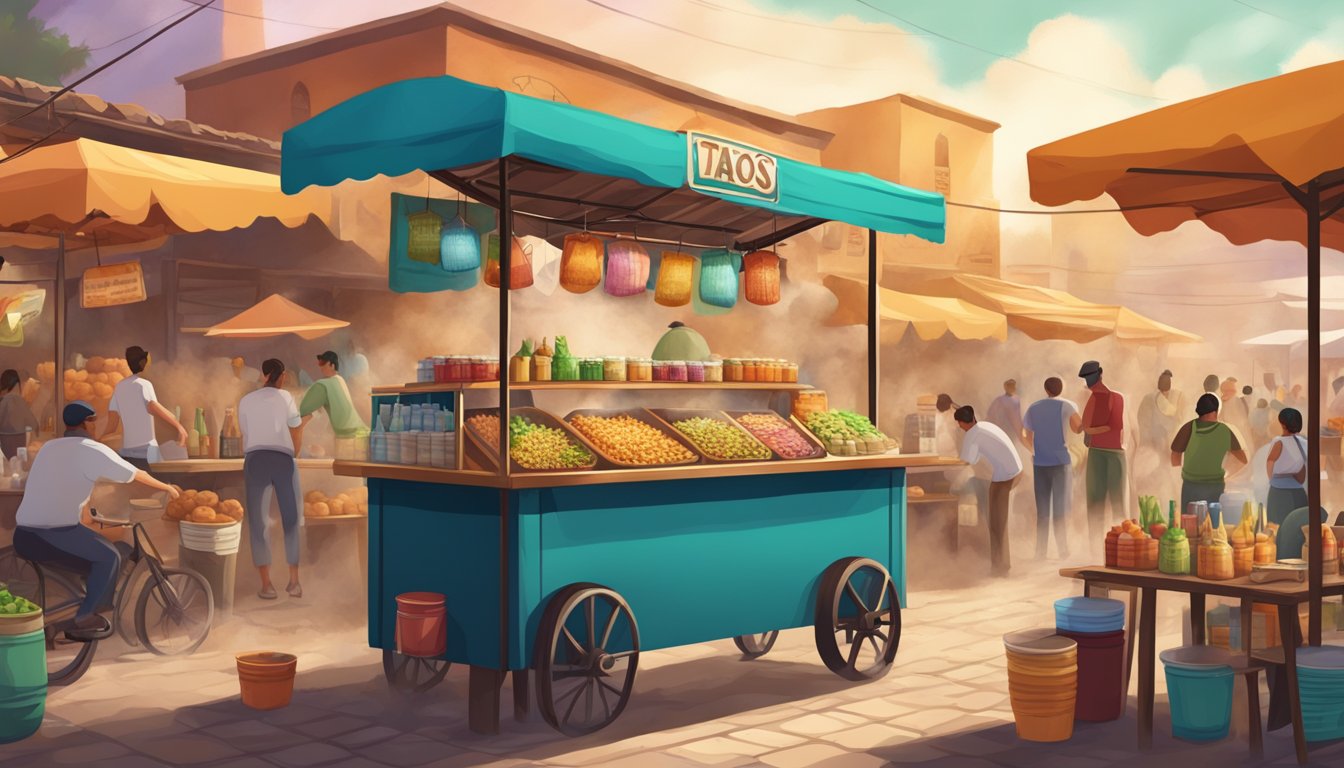 A colorful market stall with various regional drinks displayed alongside steaming hot tacos in a bustling Mexican hot springs town