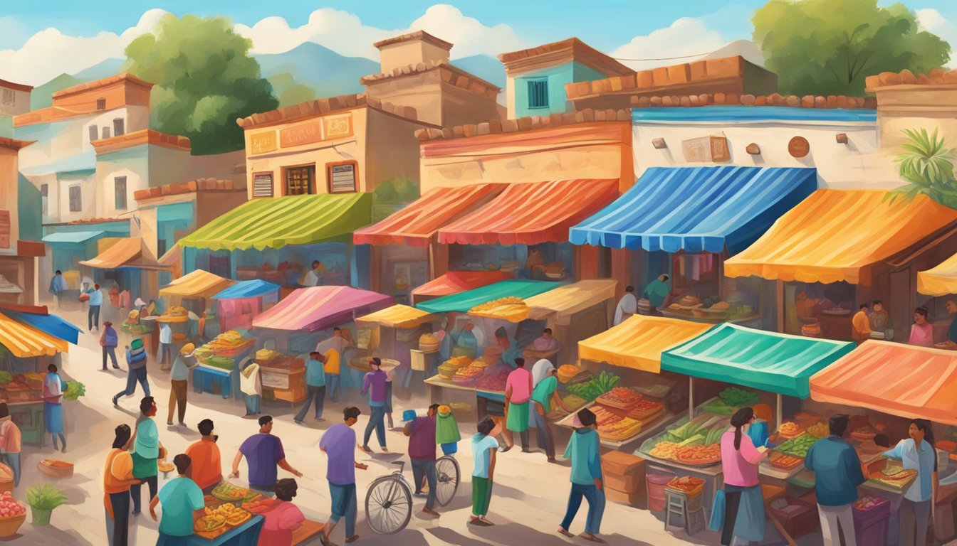 A bustling street market with colorful, hand-painted signs and vendors skillfully crafting traditional tacos in vibrant, lively Mexican artisan villages