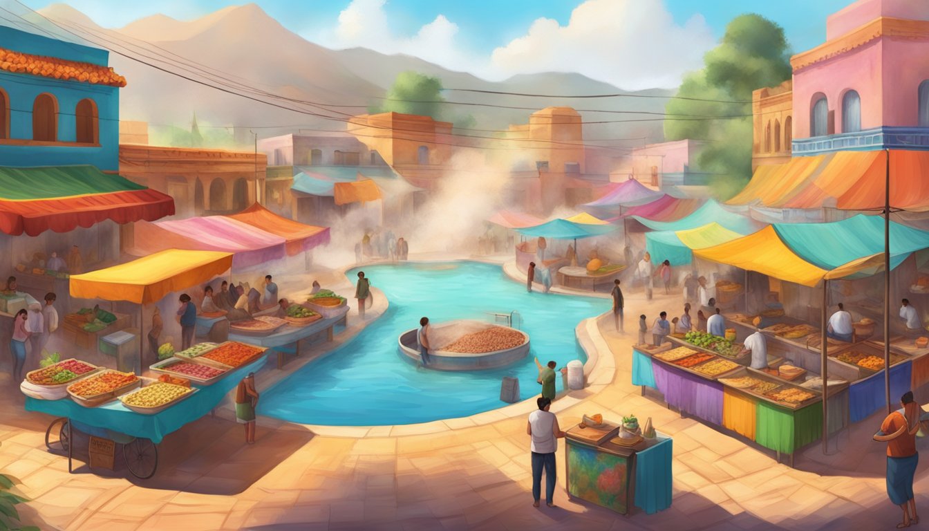 A vibrant market scene in a Mexican hot spring town, with colorful taco stands and steam rising from the natural hot springs