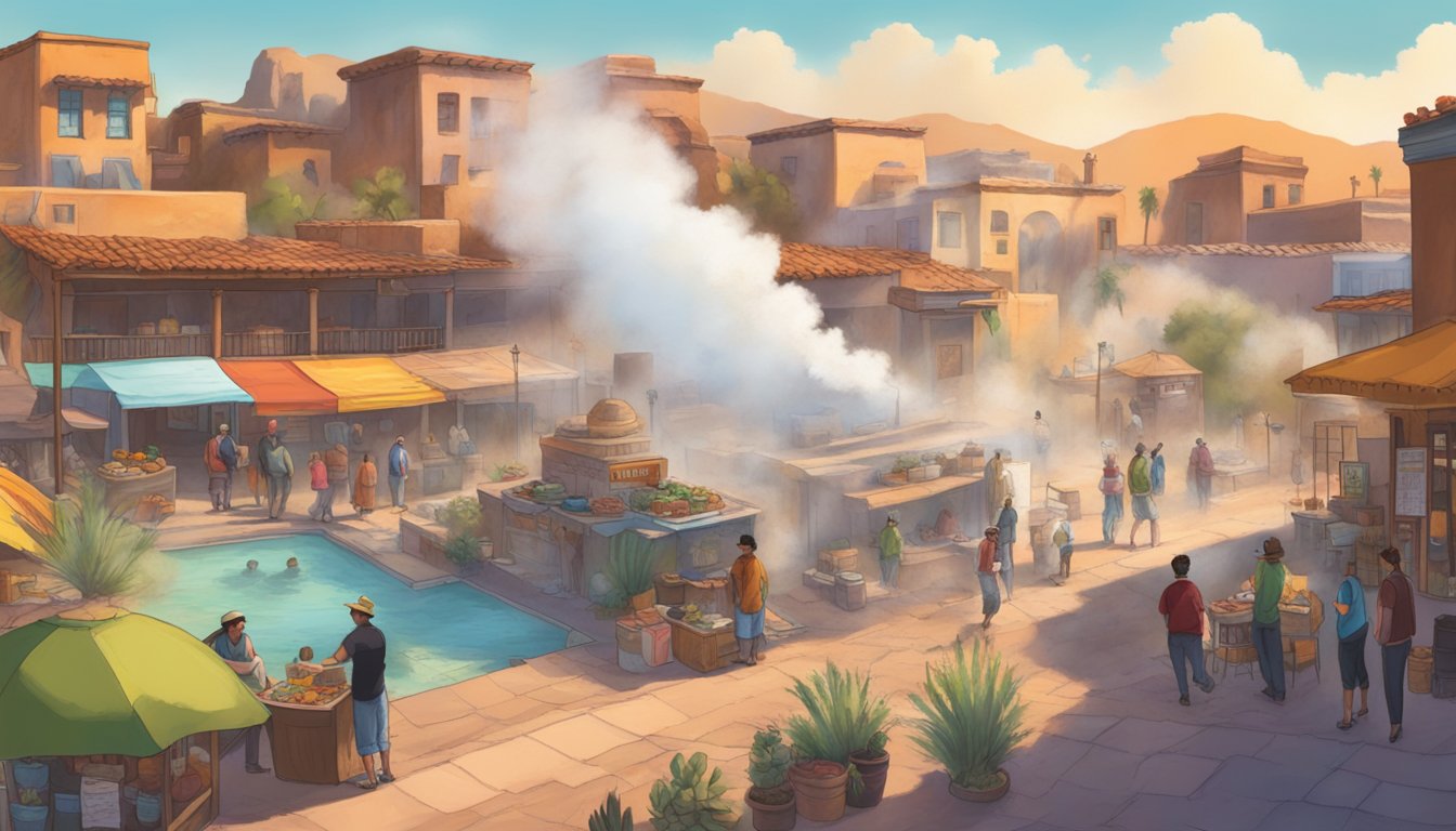 Steam rising from hot spring pools, surrounded by colorful adobe buildings. A street vendor sells tacos to tourists near a sign promoting conservation efforts