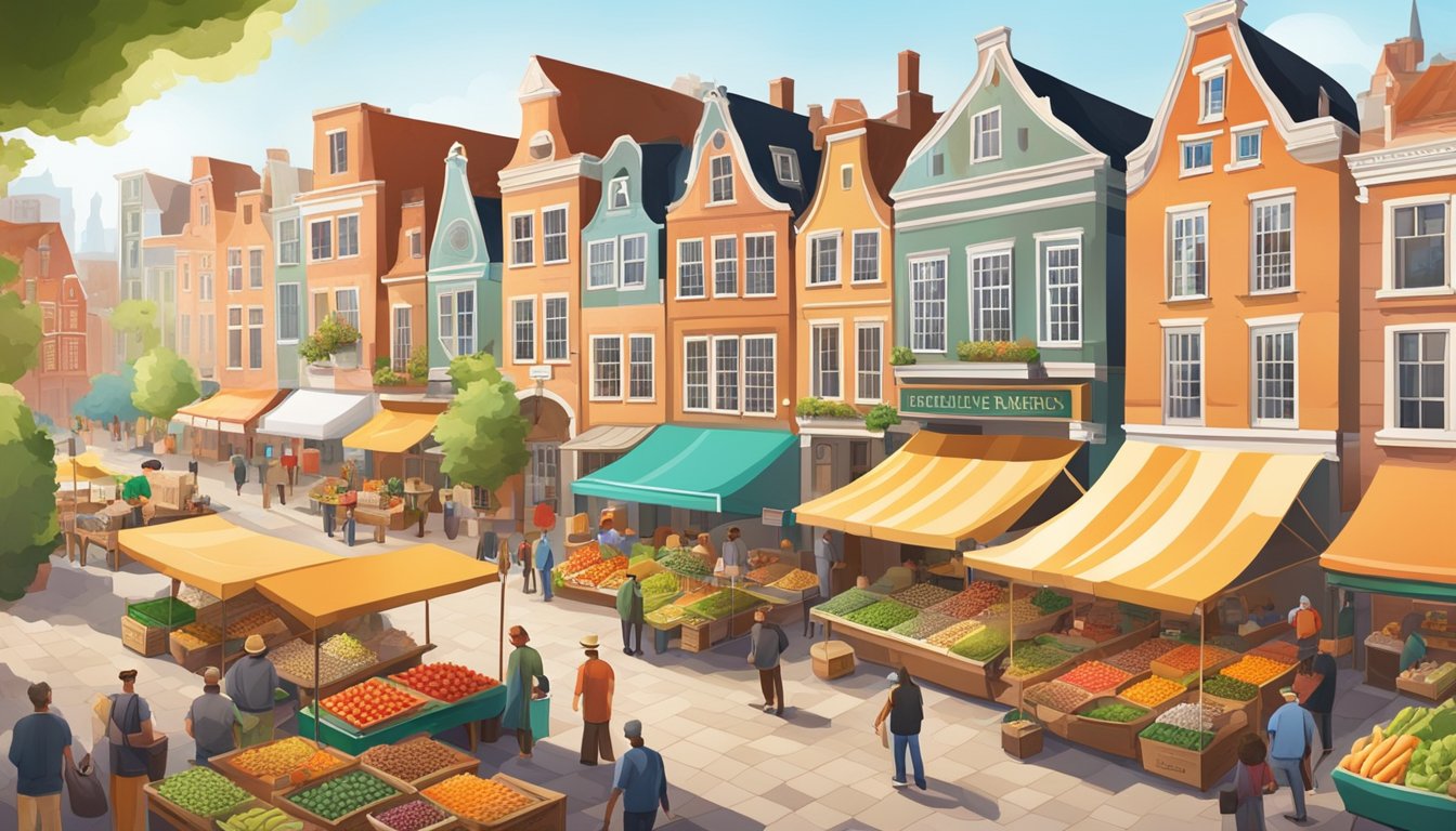 A bustling farmer's market with vendors selling fresh produce and spices, surrounded by colorful buildings with Dutch architecture