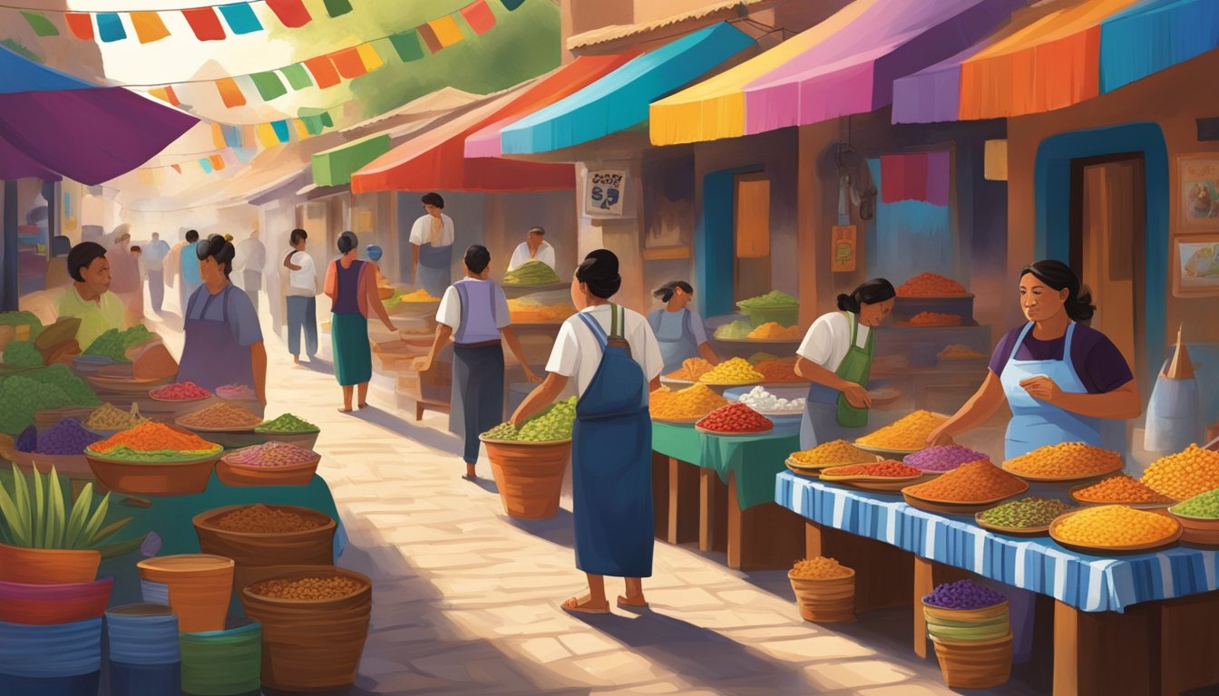 Vibrant market stalls display colorful handmade crafts and the aroma of sizzling tacos fills the air in Mexico's bustling artisan villages