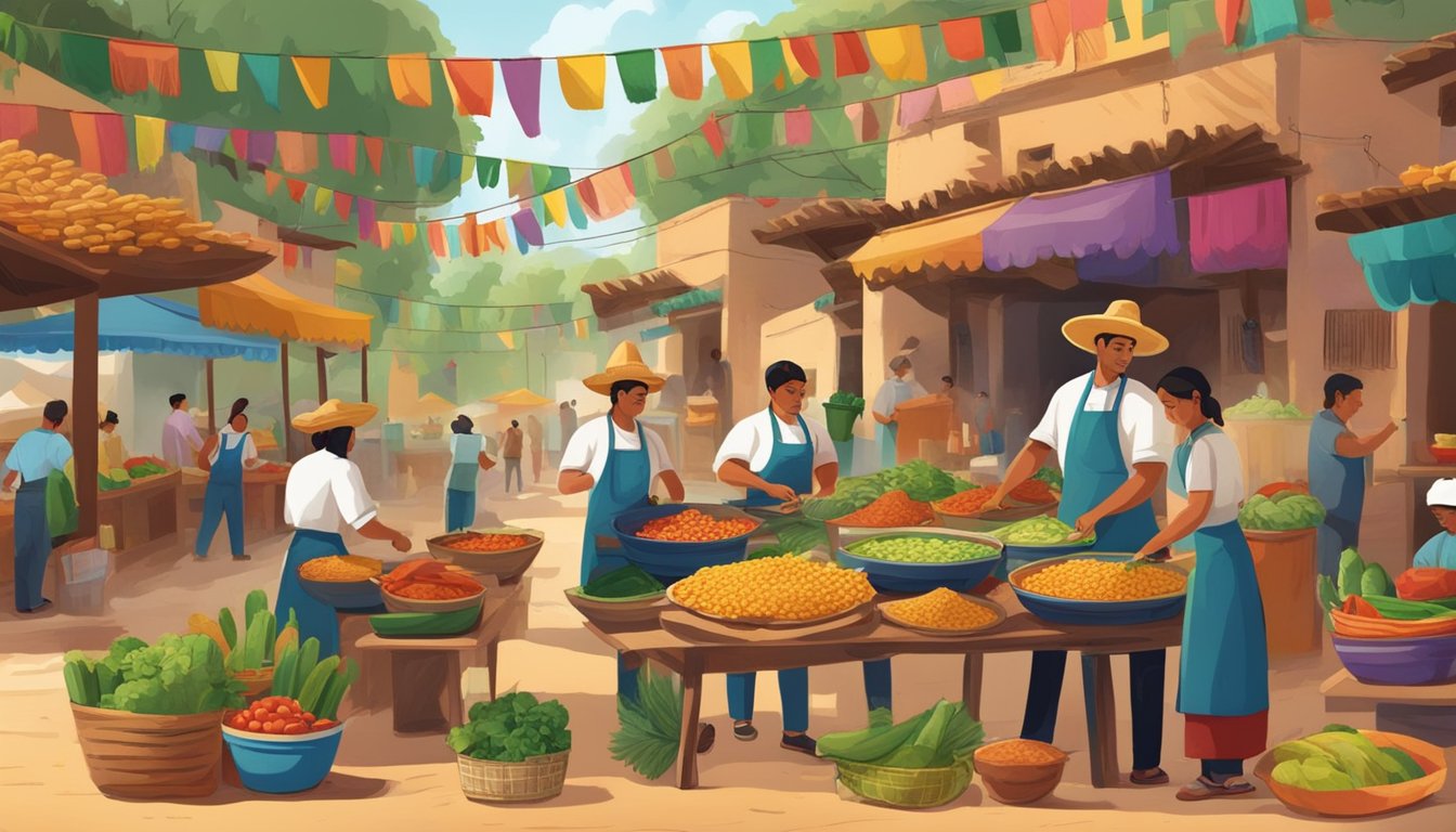 A traditional Mexican village scene with a colorful marketplace, vendors preparing fresh ingredients, and a chef skillfully assembling tacos