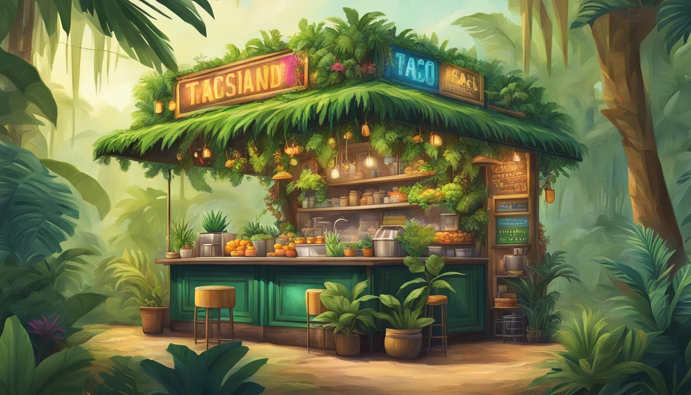 Lush rainforest with vibrant taco stand, surrounded by exotic plants and animals