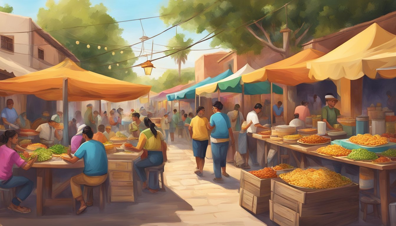 A colorful street market with a variety of tacos and local beverages being served in the artisan villages of Mexico