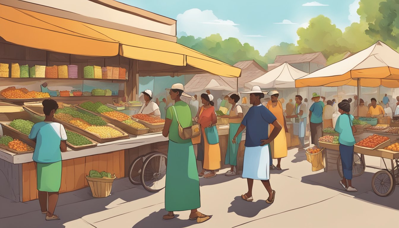 A bustling village market with colorful stalls selling fresh, locally sourced ingredients. A group of people gather around a street vendor serving up delicious, sustainable tacos