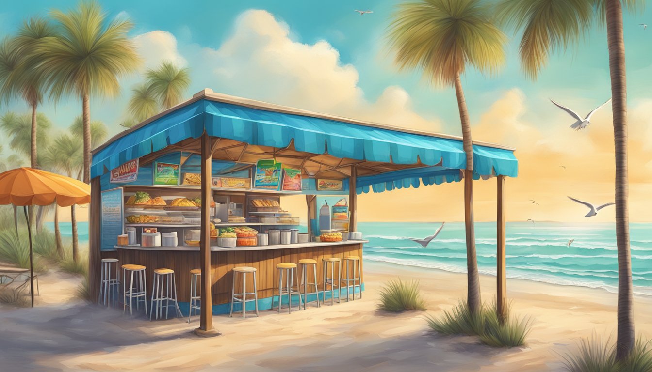 A beachside scene with a colorful taco stand, palm trees, and seagulls flying over the Gulf Coast