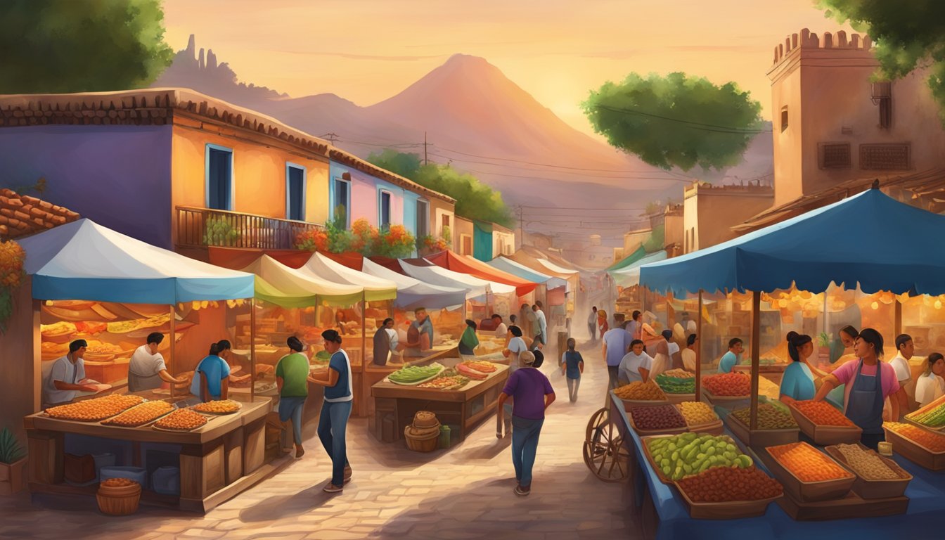 A bustling market in a Mexican artisan village, with vendors selling an array of colorful and flavorful tacos, surrounded by traditional architecture and lively atmosphere