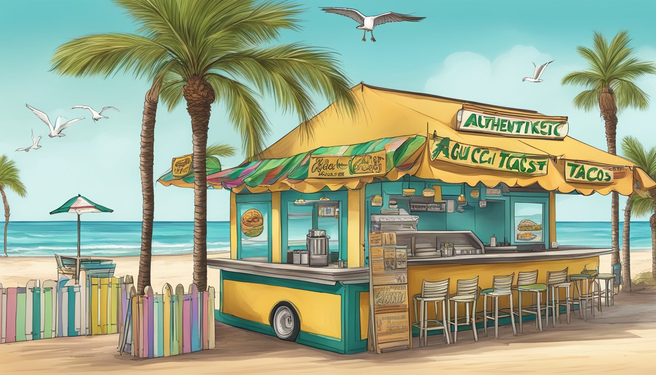 A colorful beachside taco stand with a view of the Gulf Coast, surrounded by palm trees and seagulls, with a sign boasting "Authentic Gulf Coast Tacos."